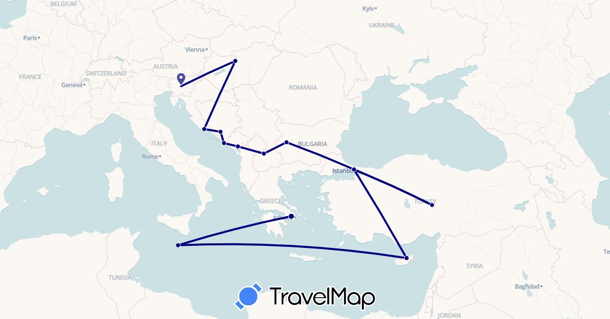 TravelMap itinerary: driving in Bosnia and Herzegovina, Bulgaria, Cyprus, Greece, Croatia, Hungary, Montenegro, Macedonia, Malta, Slovenia, Turkey (Asia, Europe)
